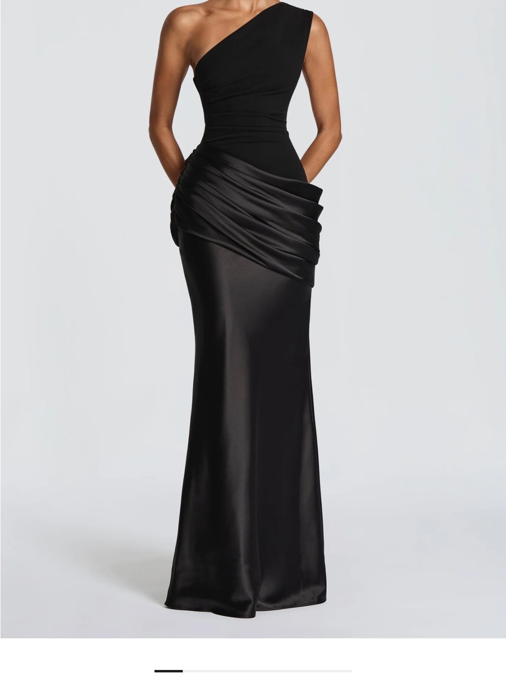 One-Shoulder Black Satin Draped Wedding Dress